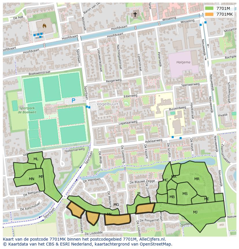Afbeelding van het postcodegebied 7701 MK op de kaart.