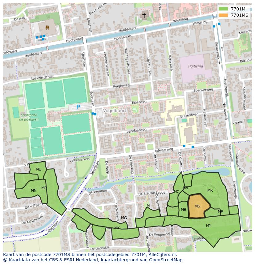 Afbeelding van het postcodegebied 7701 MS op de kaart.