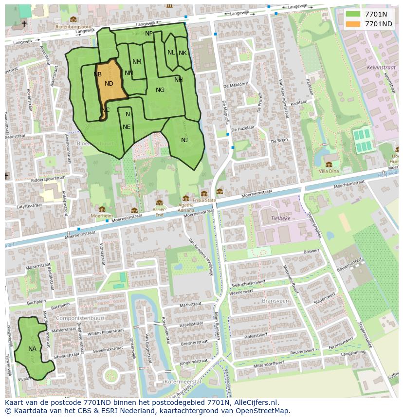 Afbeelding van het postcodegebied 7701 ND op de kaart.