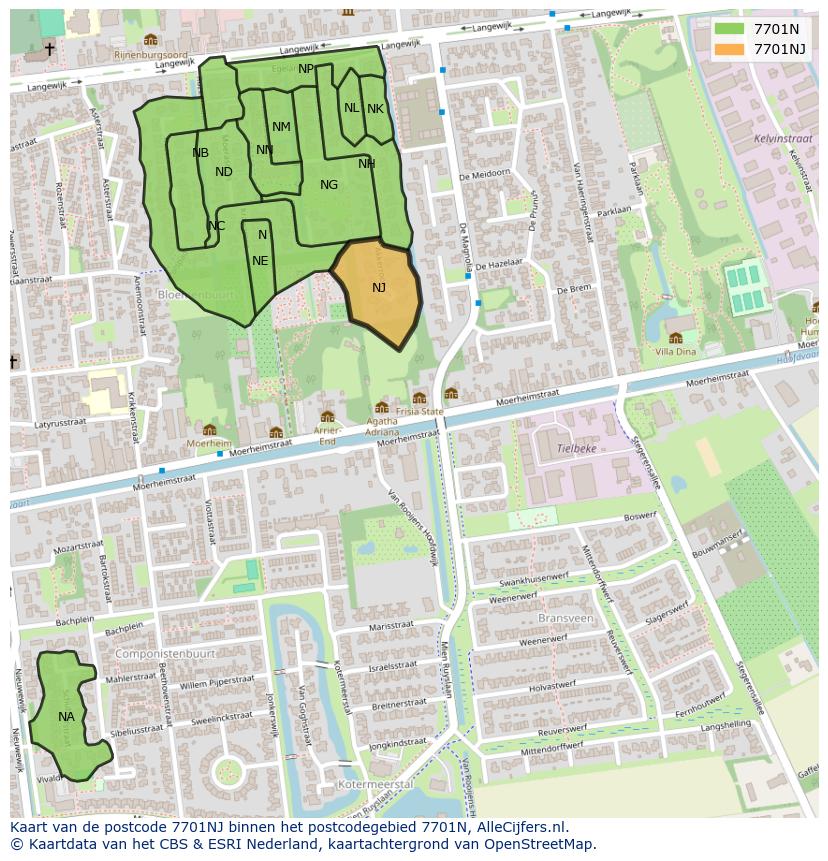 Afbeelding van het postcodegebied 7701 NJ op de kaart.