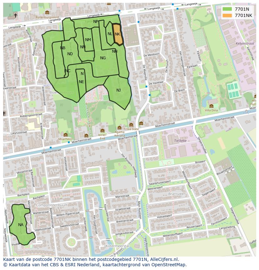 Afbeelding van het postcodegebied 7701 NK op de kaart.