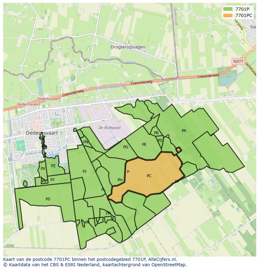 Afbeelding van het postcodegebied 7701 PC op de kaart.