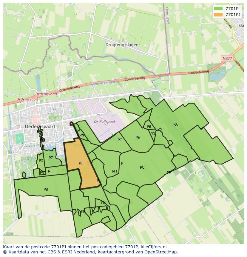 Afbeelding van het postcodegebied 7701 PJ op de kaart.
