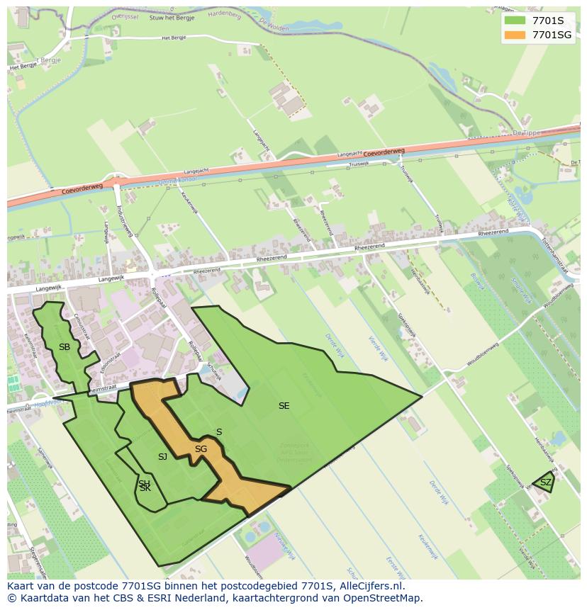 Afbeelding van het postcodegebied 7701 SG op de kaart.