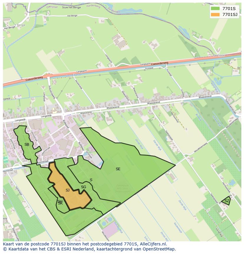 Afbeelding van het postcodegebied 7701 SJ op de kaart.