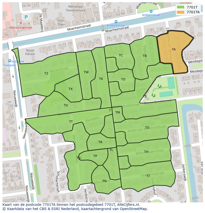 Afbeelding van het postcodegebied 7701 TA op de kaart.