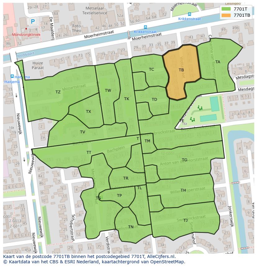 Afbeelding van het postcodegebied 7701 TB op de kaart.