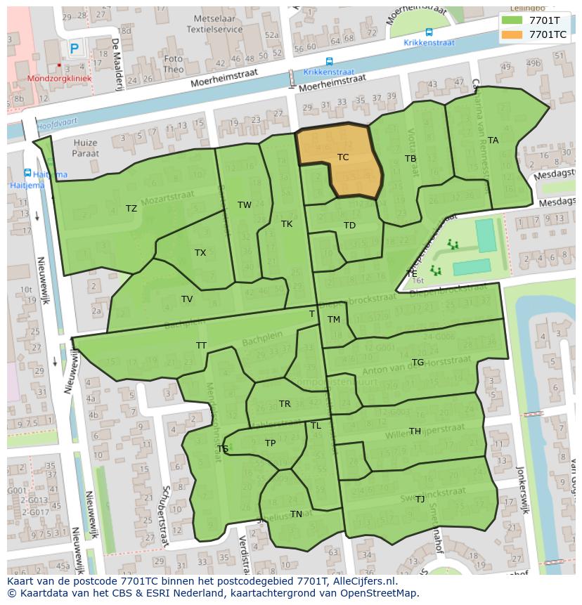 Afbeelding van het postcodegebied 7701 TC op de kaart.