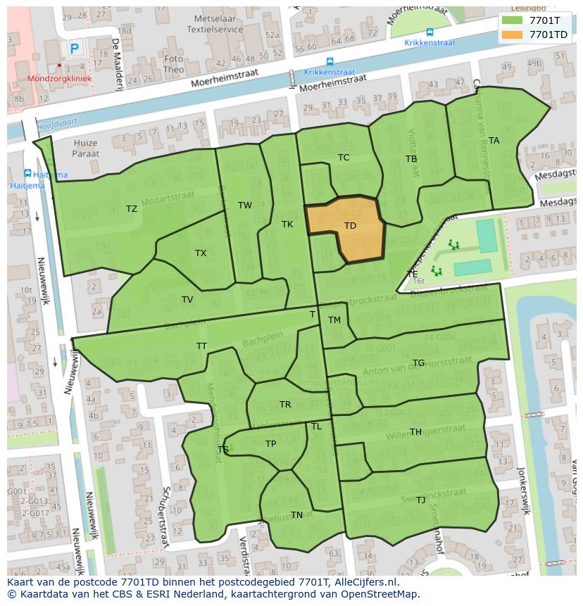 Afbeelding van het postcodegebied 7701 TD op de kaart.