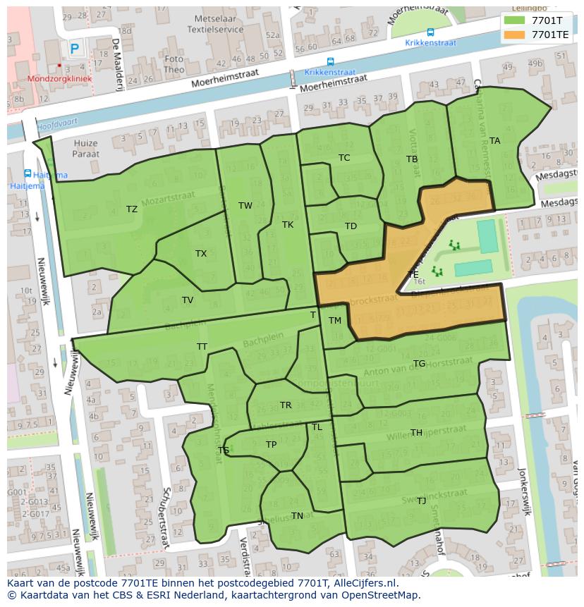 Afbeelding van het postcodegebied 7701 TE op de kaart.