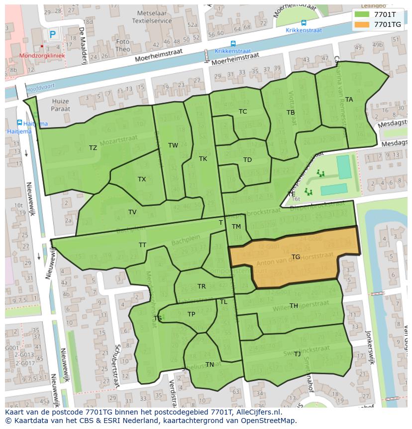 Afbeelding van het postcodegebied 7701 TG op de kaart.