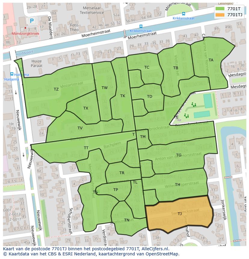 Afbeelding van het postcodegebied 7701 TJ op de kaart.