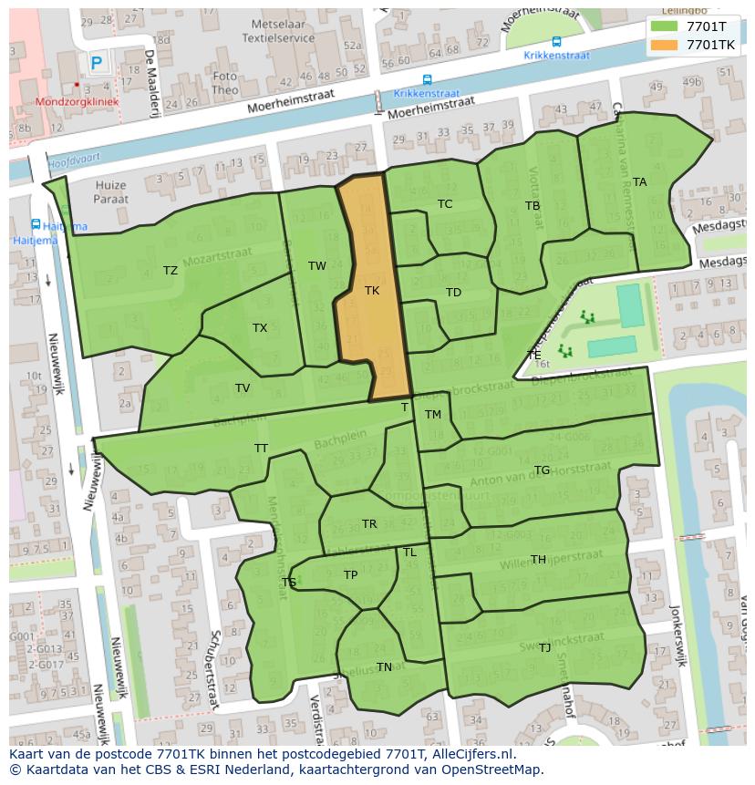 Afbeelding van het postcodegebied 7701 TK op de kaart.