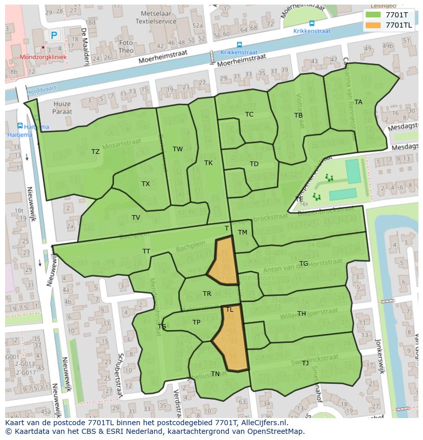 Afbeelding van het postcodegebied 7701 TL op de kaart.