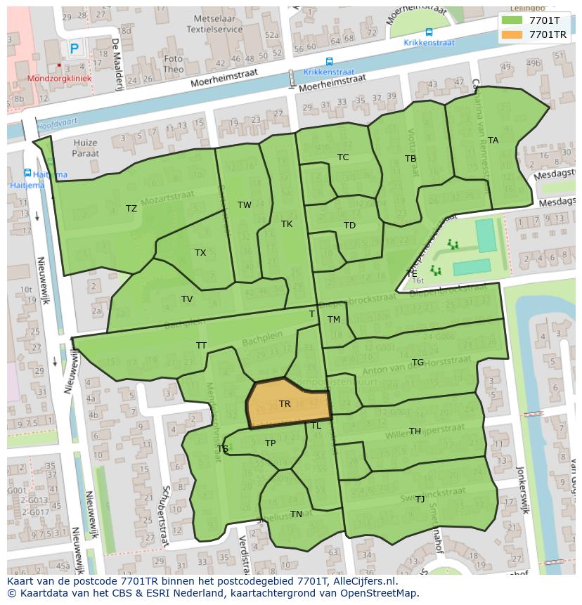 Afbeelding van het postcodegebied 7701 TR op de kaart.