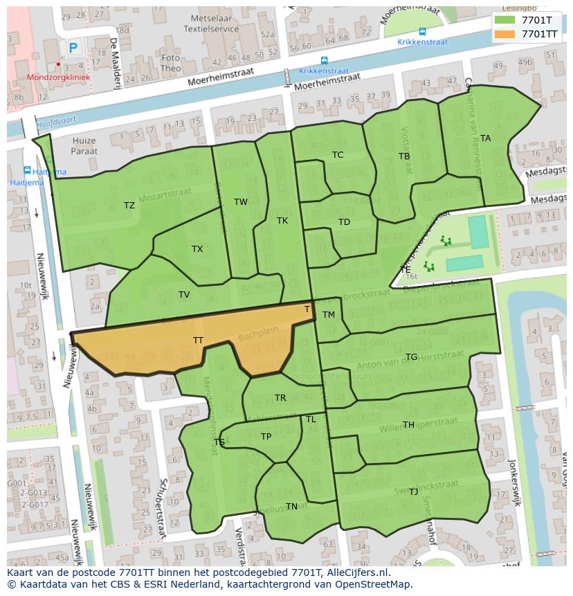 Afbeelding van het postcodegebied 7701 TT op de kaart.