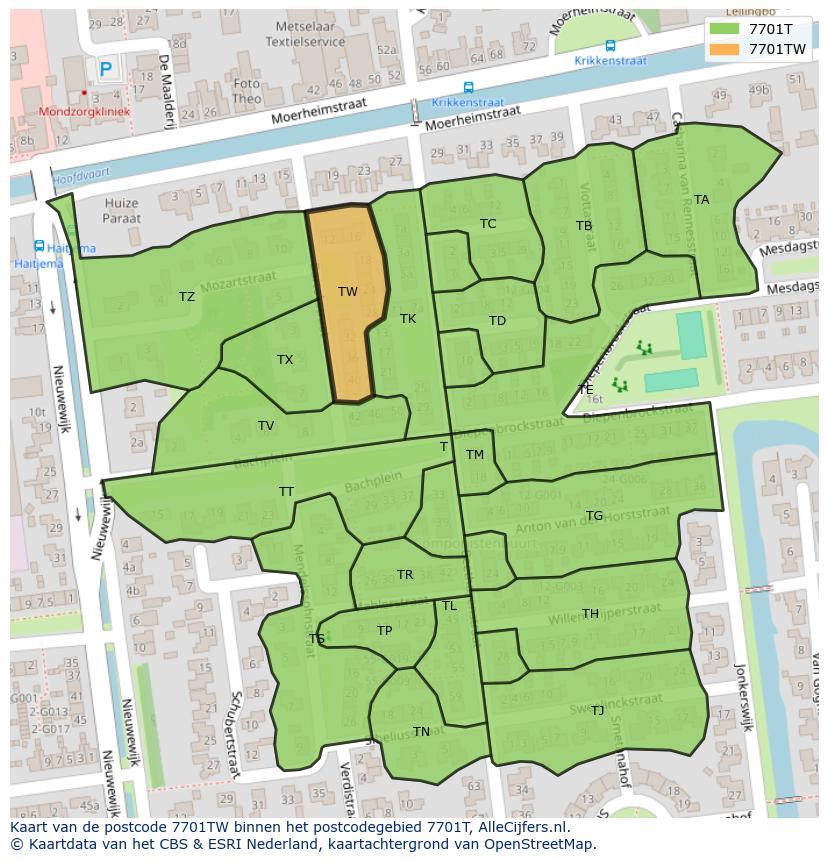 Afbeelding van het postcodegebied 7701 TW op de kaart.