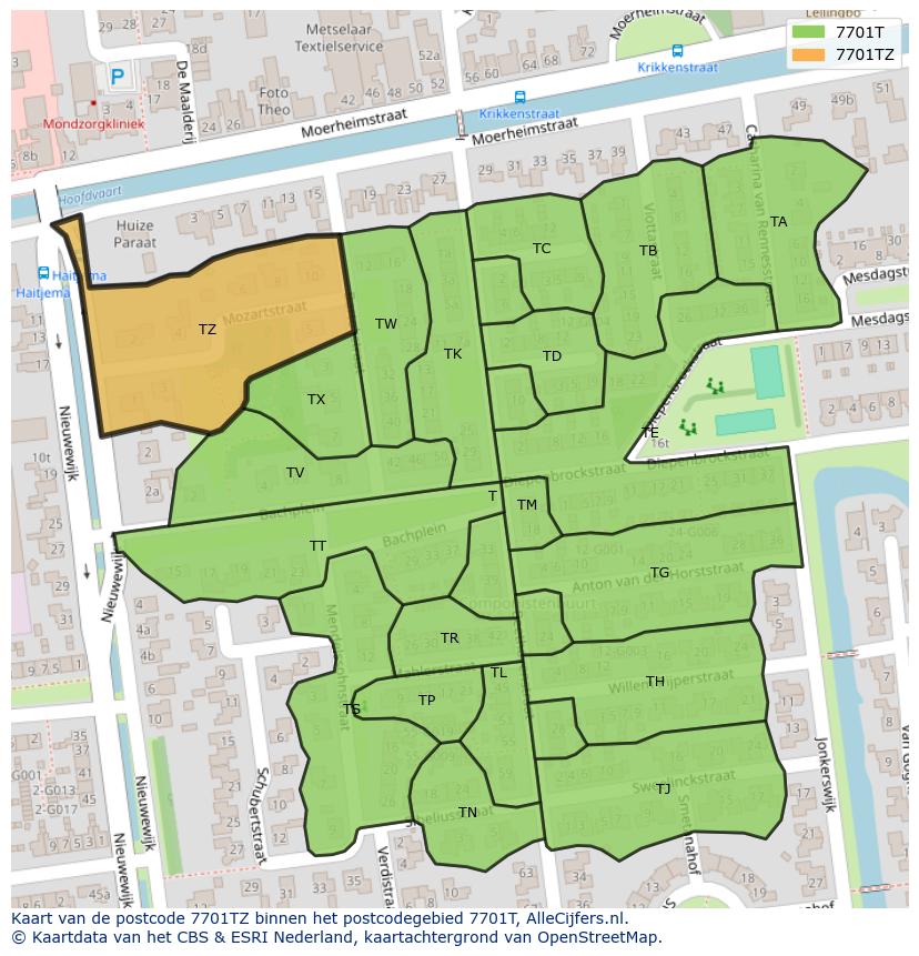 Afbeelding van het postcodegebied 7701 TZ op de kaart.