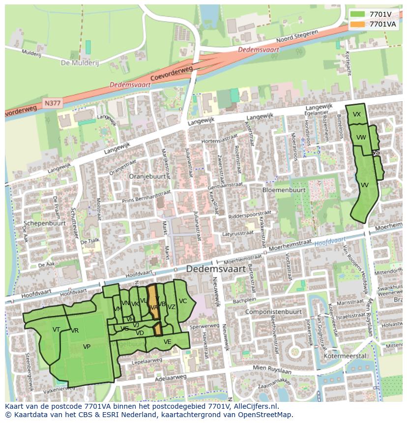 Afbeelding van het postcodegebied 7701 VA op de kaart.