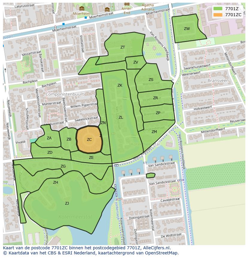 Afbeelding van het postcodegebied 7701 ZC op de kaart.