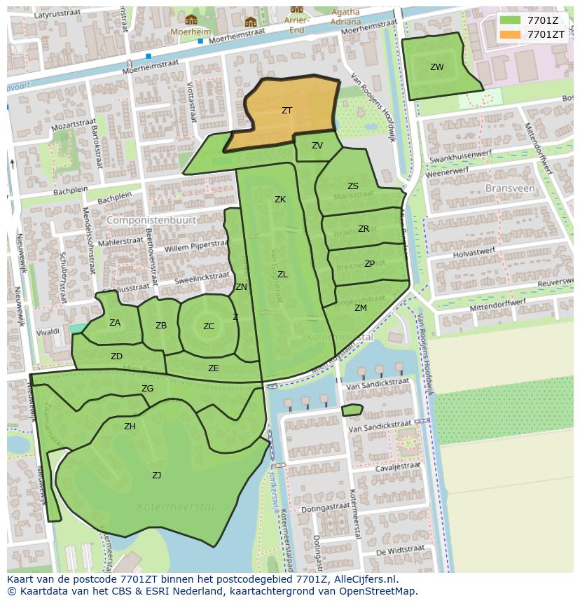 Afbeelding van het postcodegebied 7701 ZT op de kaart.
