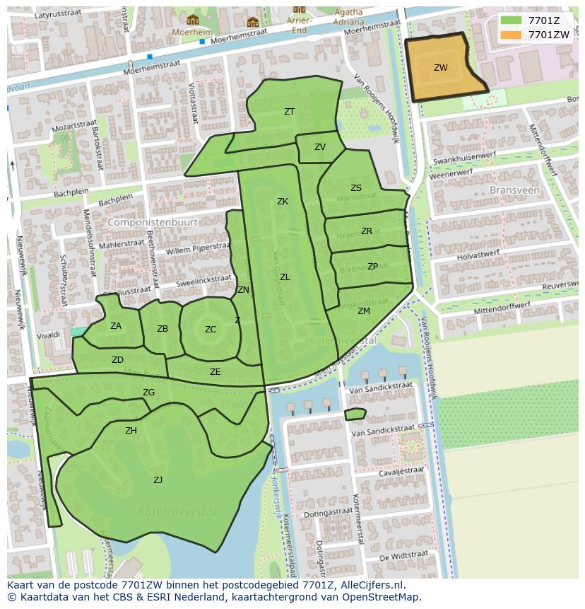 Afbeelding van het postcodegebied 7701 ZW op de kaart.