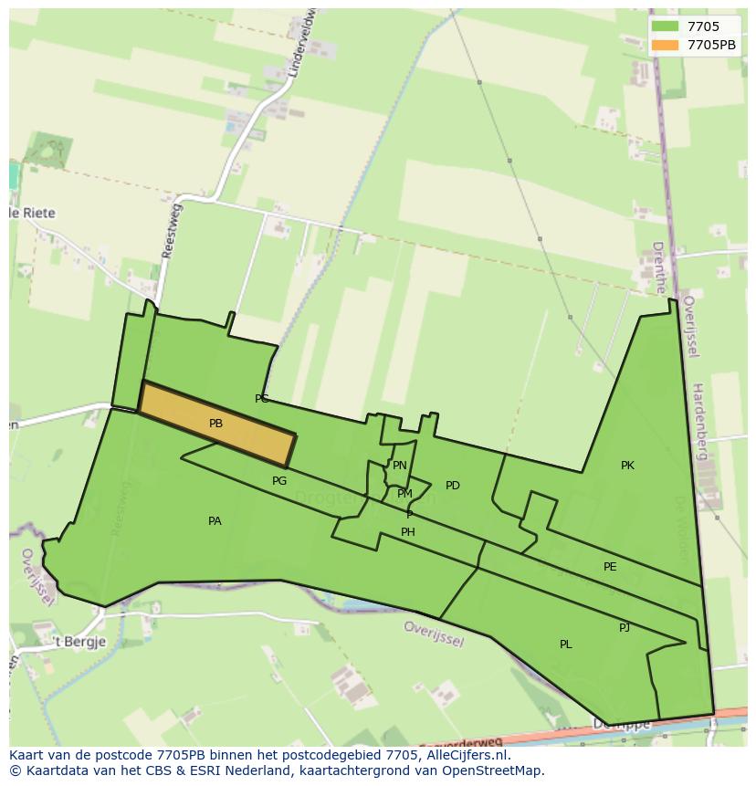 Afbeelding van het postcodegebied 7705 PB op de kaart.