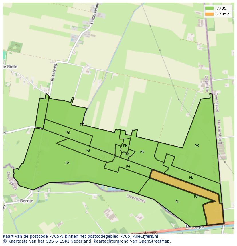 Afbeelding van het postcodegebied 7705 PJ op de kaart.