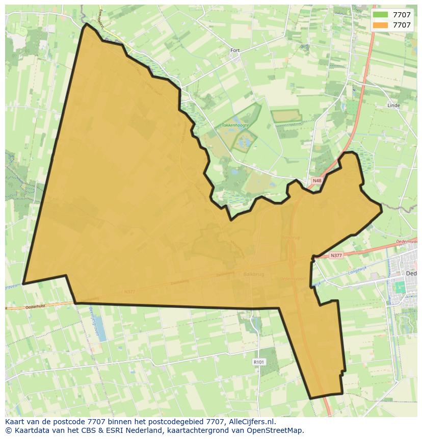 Afbeelding van het postcodegebied 7707 op de kaart.