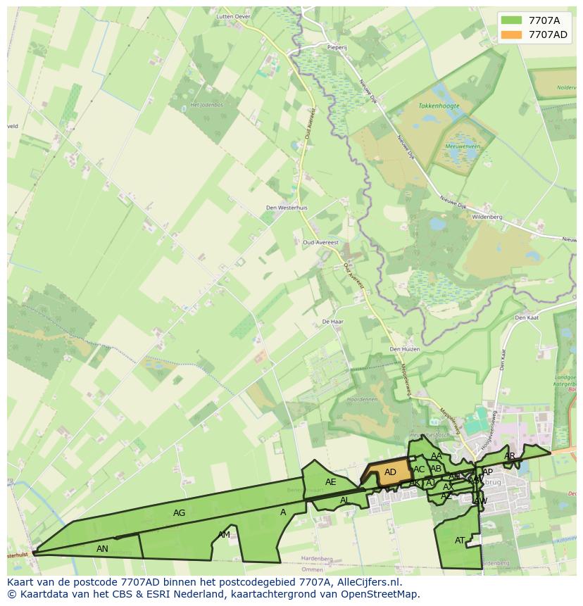 Afbeelding van het postcodegebied 7707 AD op de kaart.
