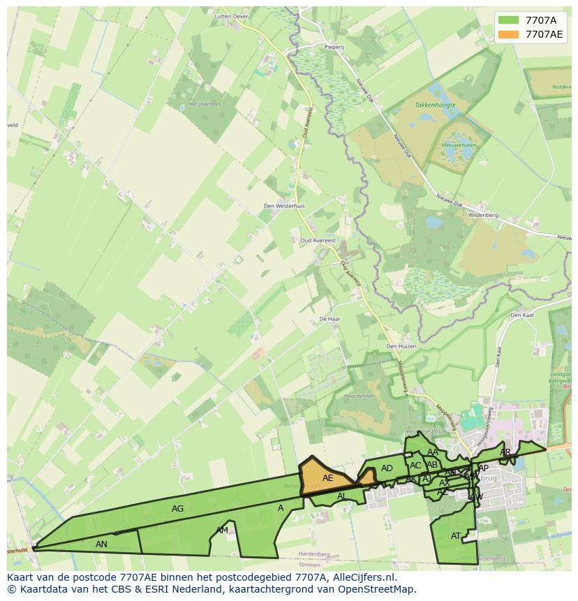Afbeelding van het postcodegebied 7707 AE op de kaart.