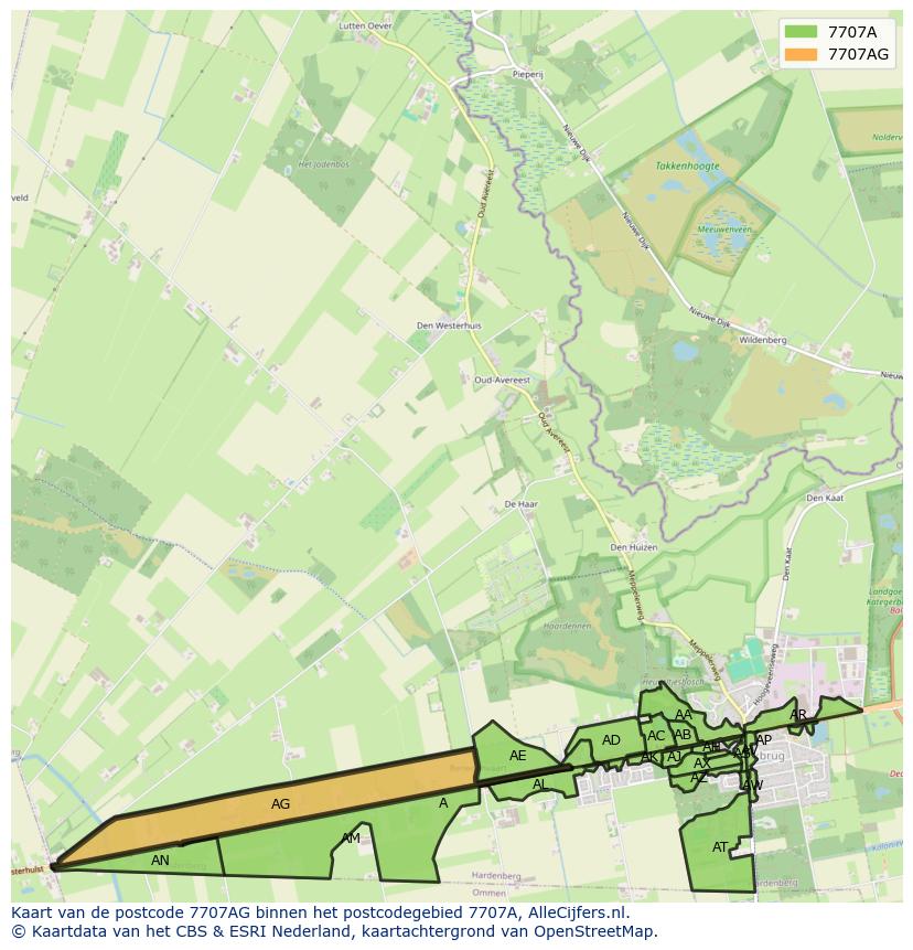 Afbeelding van het postcodegebied 7707 AG op de kaart.