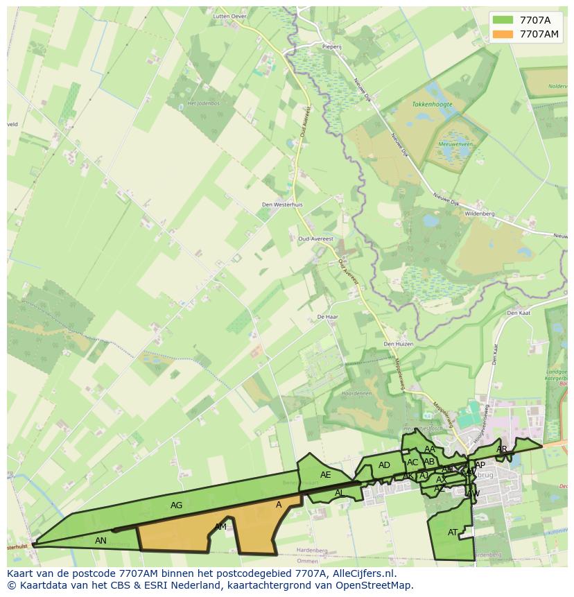 Afbeelding van het postcodegebied 7707 AM op de kaart.