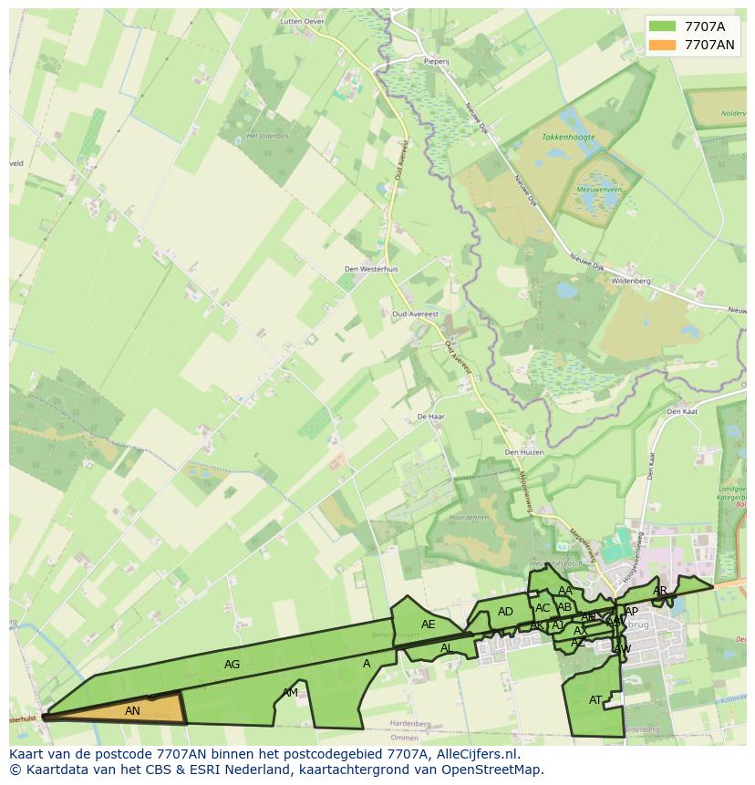 Afbeelding van het postcodegebied 7707 AN op de kaart.