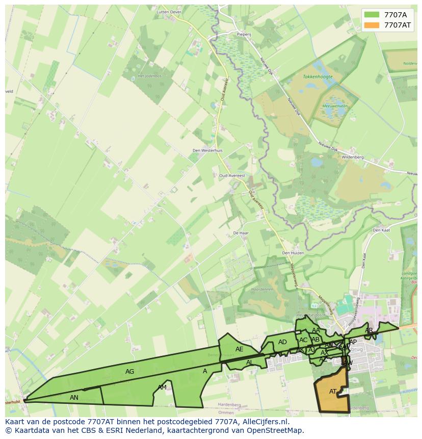 Afbeelding van het postcodegebied 7707 AT op de kaart.