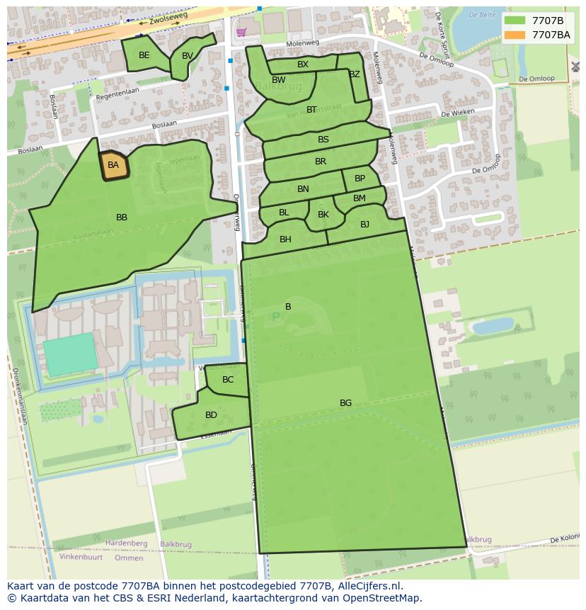 Afbeelding van het postcodegebied 7707 BA op de kaart.