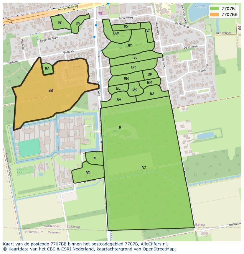 Afbeelding van het postcodegebied 7707 BB op de kaart.