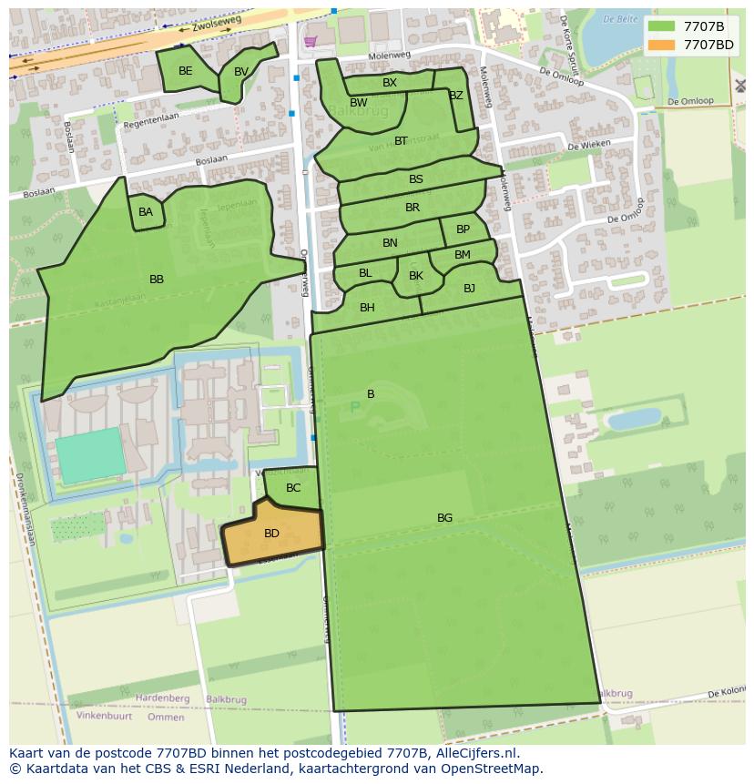 Afbeelding van het postcodegebied 7707 BD op de kaart.