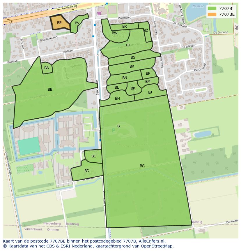 Afbeelding van het postcodegebied 7707 BE op de kaart.