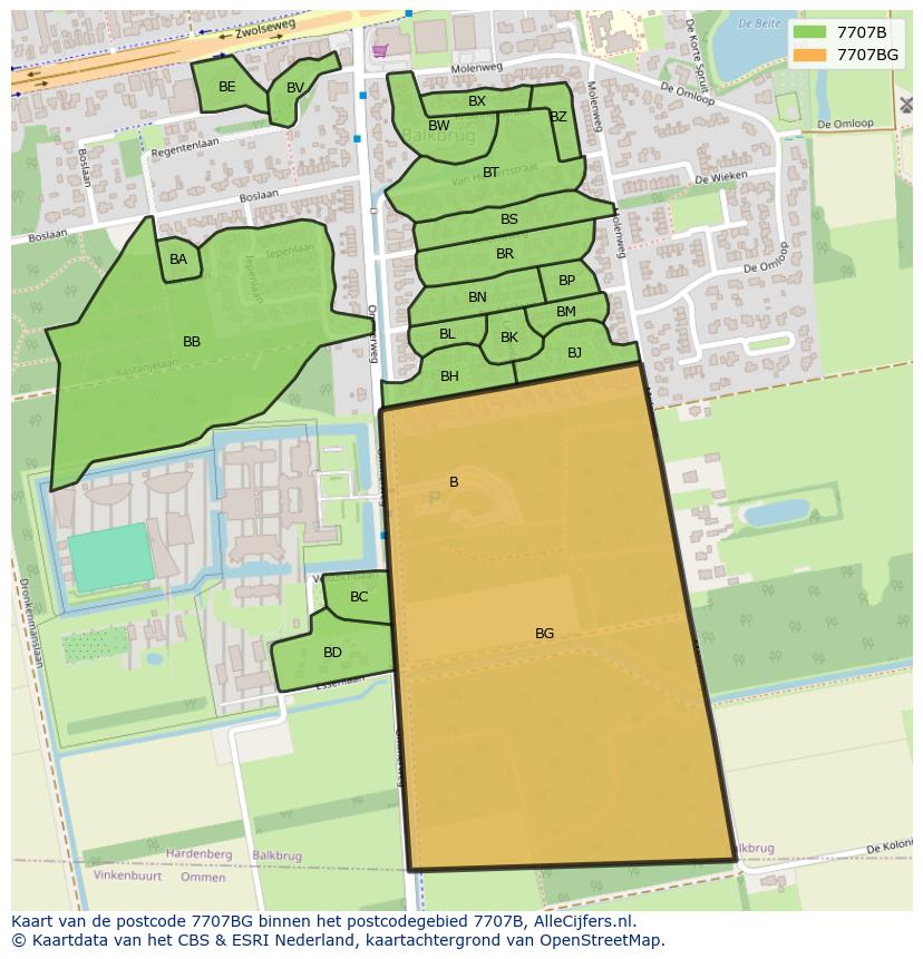 Afbeelding van het postcodegebied 7707 BG op de kaart.