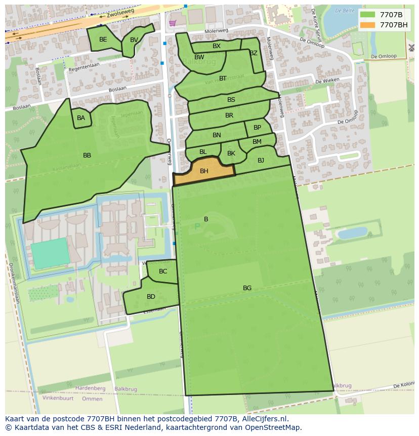 Afbeelding van het postcodegebied 7707 BH op de kaart.