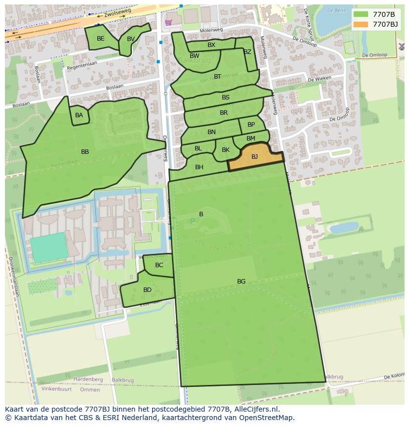 Afbeelding van het postcodegebied 7707 BJ op de kaart.