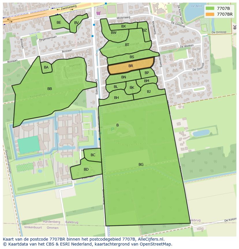 Afbeelding van het postcodegebied 7707 BR op de kaart.