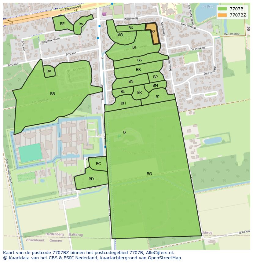 Afbeelding van het postcodegebied 7707 BZ op de kaart.