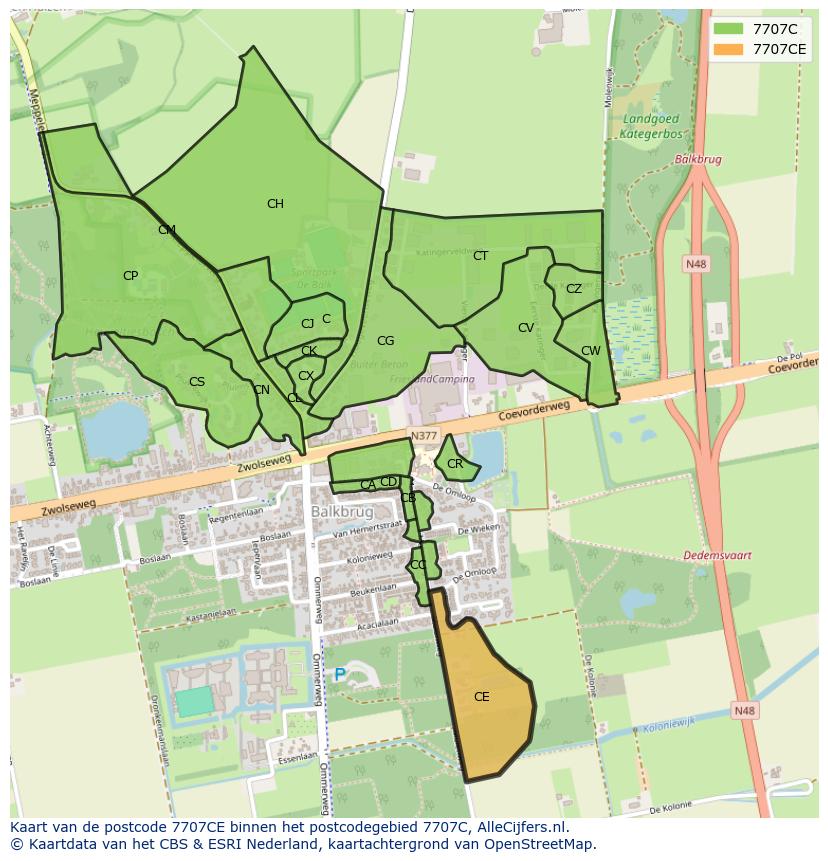 Afbeelding van het postcodegebied 7707 CE op de kaart.