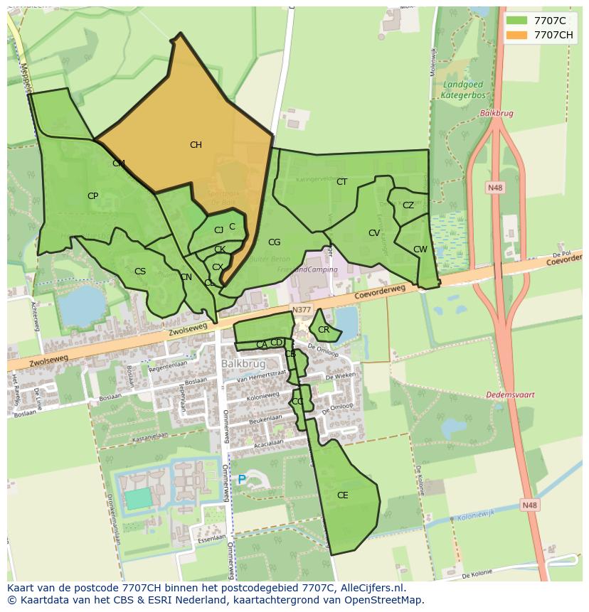 Afbeelding van het postcodegebied 7707 CH op de kaart.