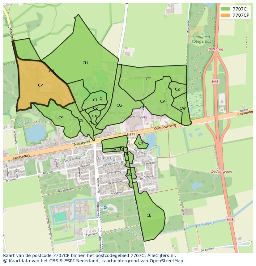 Afbeelding van het postcodegebied 7707 CP op de kaart.