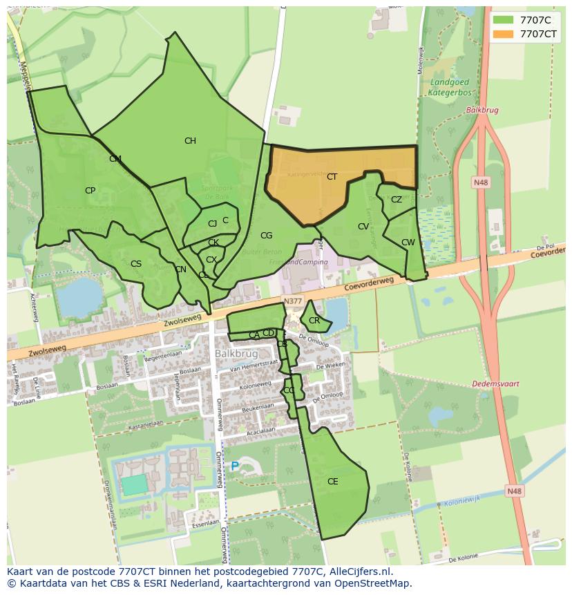 Afbeelding van het postcodegebied 7707 CT op de kaart.