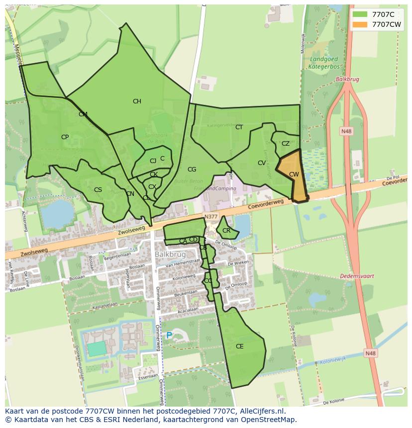 Afbeelding van het postcodegebied 7707 CW op de kaart.
