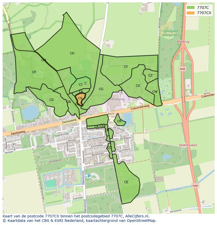 Afbeelding van het postcodegebied 7707 CX op de kaart.